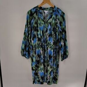 Time & Tru Women's Dress Large Drawstring Waist Blue Green Print Long Sleeve